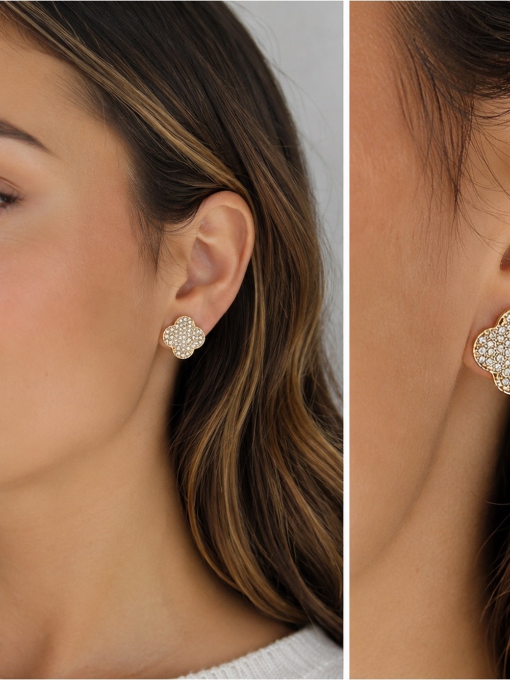 Gold Pave Clover Stud Earrings - Women Jewelry